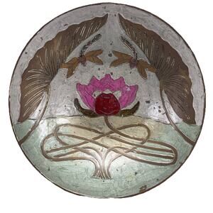 Vintage Enamel Brass Cloisonne Dragonfly Water Lily Pedestal Bowl 9.25" India